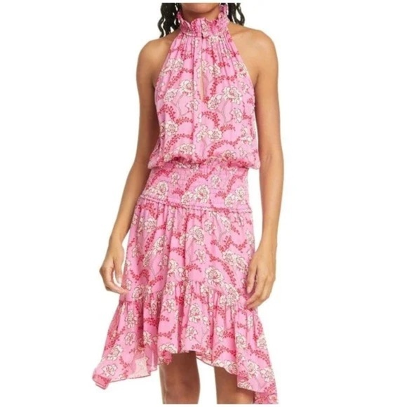 A.L.C. Pink/Red Floral Cody 100% Silk Halter Neck Dress 4 - Picture 5 of 12